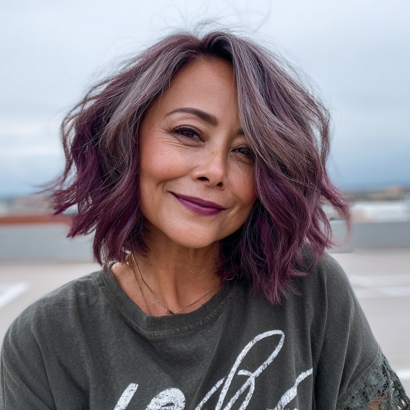 Textured Wavy Bob with Rich Plum Balayage