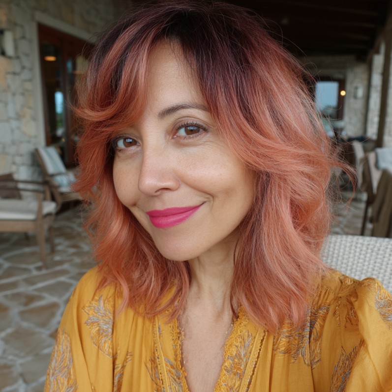 Warm Coral Balayage with Soft Waves