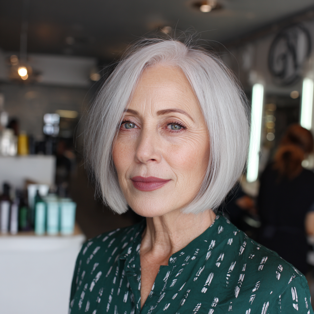 Chic Asymmetrical Blunt Bob with Subtle Silver Tones