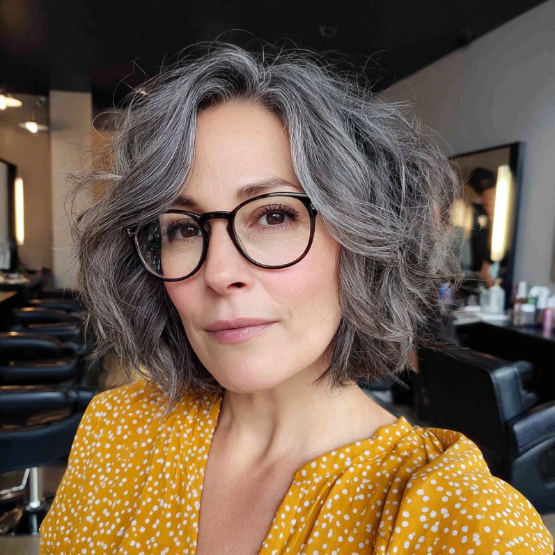 Chic Curly Silver Bubble Bob with Textured Ends