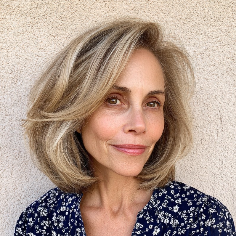 Chic Layered Blonde Lob with Subtle Highlights