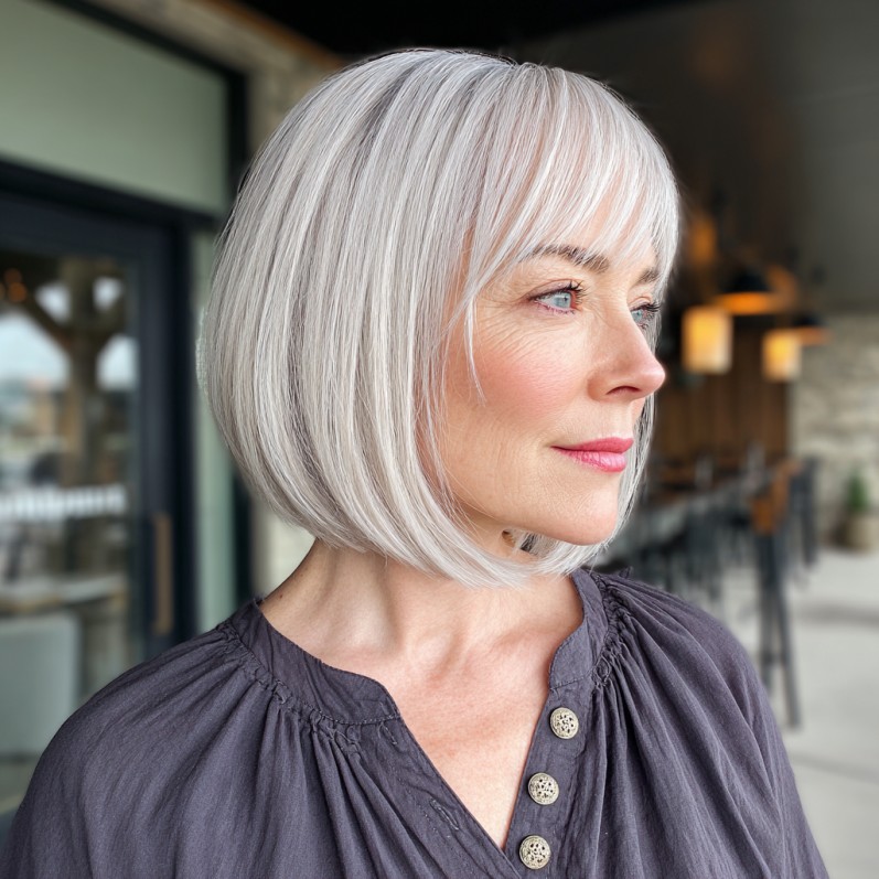 Chic Silver Bubble Bob with Subtle Bangs