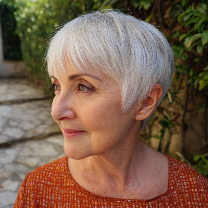 Chic Textured Platinum Pixie with Soft Bangs