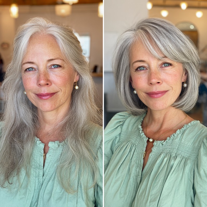 Elegant Silver Layered Bob with Subtle Face-Framing Highlights