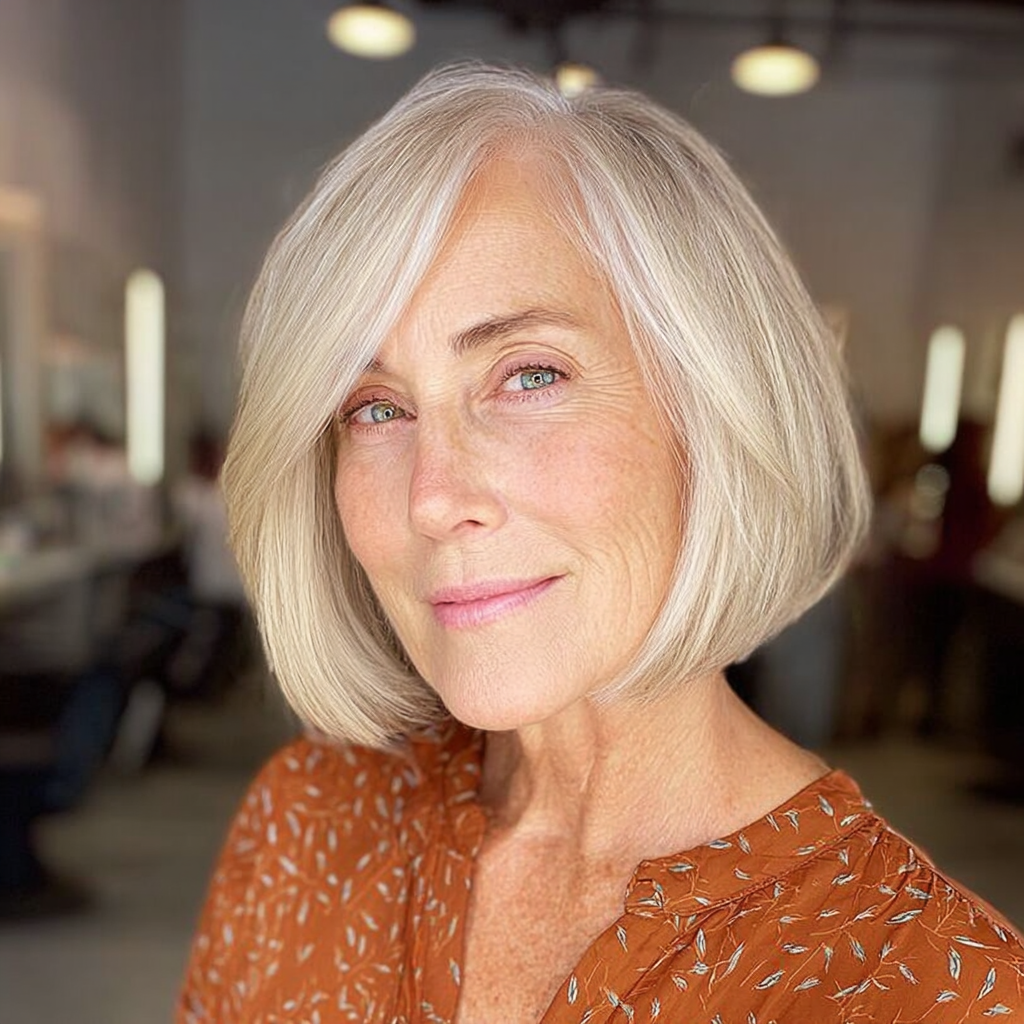 Elegant Silvery Blunt Bob with Soft Face-Framing Layers