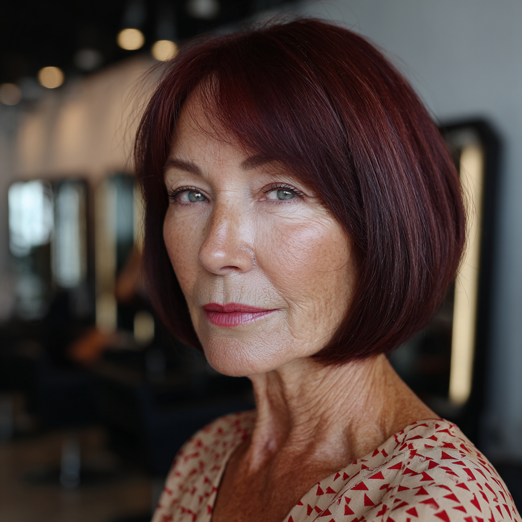 Rich Burgundy Blunt Bob with Soft Face-Framing Layers