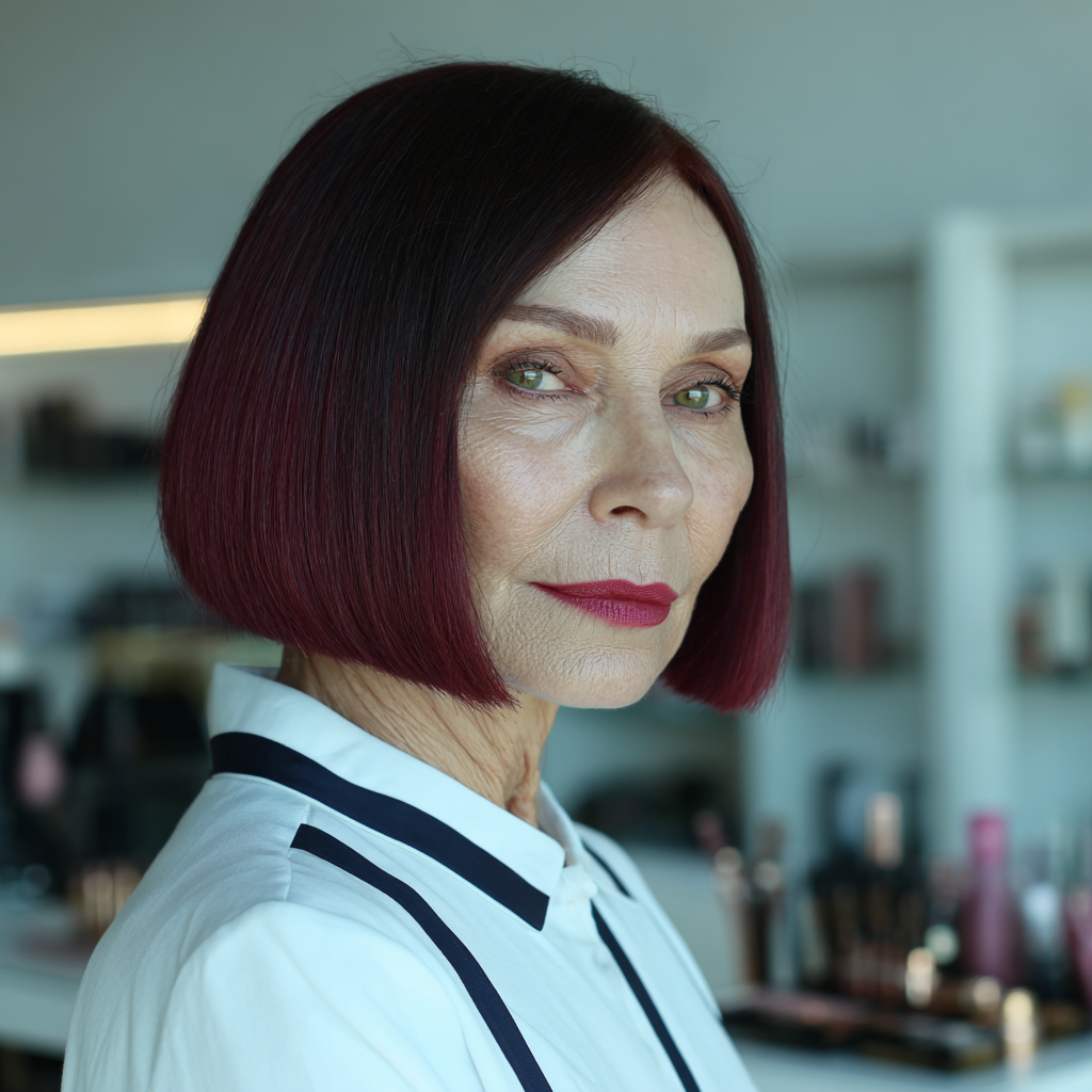 Sleek Burgundy Blunt Bob with Subtle Textured Ends