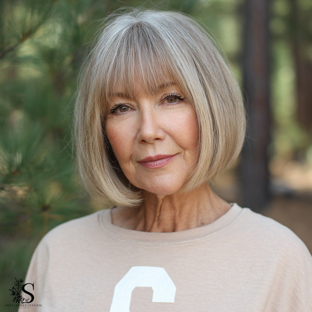 Soft Beige Blunt Bob with Gentle Face-Framing Bangs