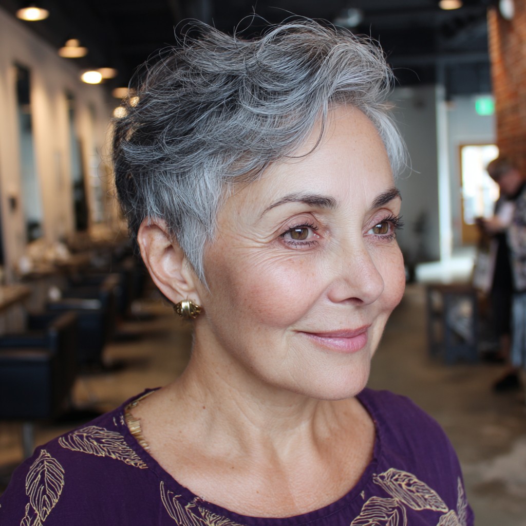 Stylish Short Salt and Pepper Pixie with Textured Layers