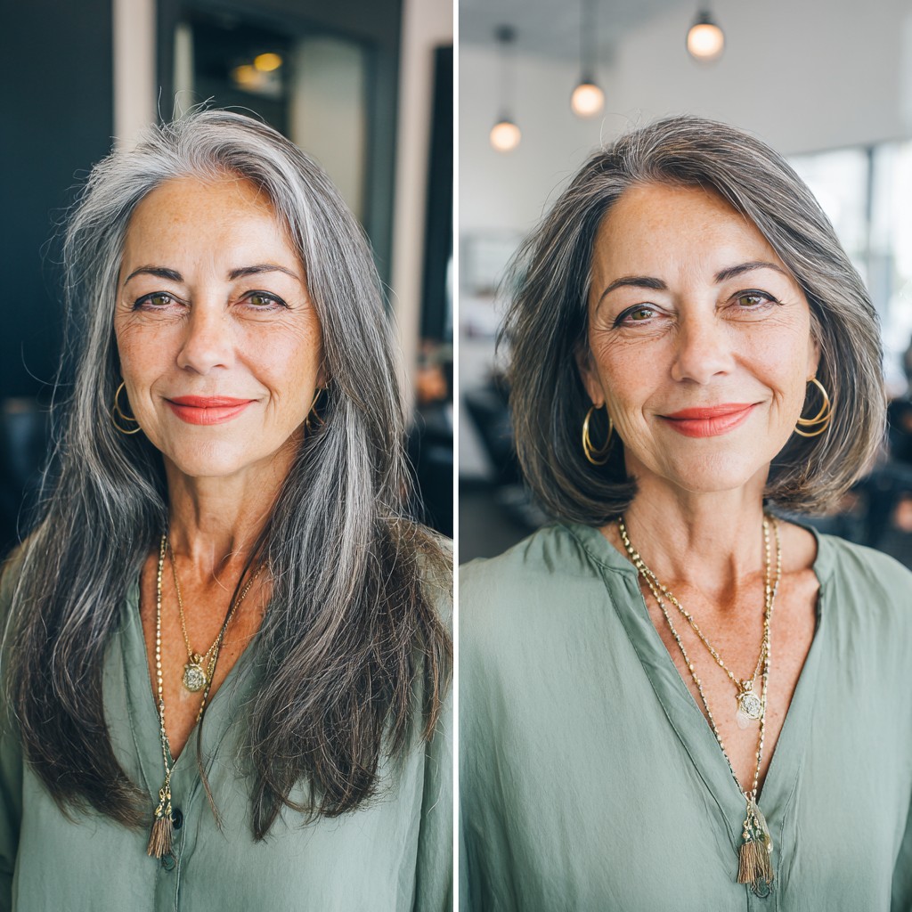 Stylish Shoulder-Length Salt and Pepper Hair with Soft Waves