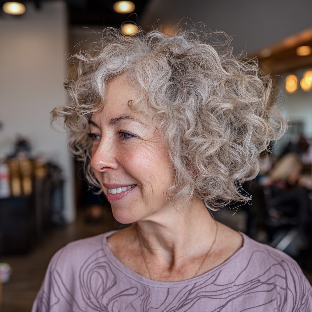 Textured Curly Silver Bob with Soft Layers