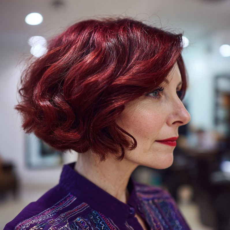 Trendy Deep Red Bubble Bob with Soft Waves