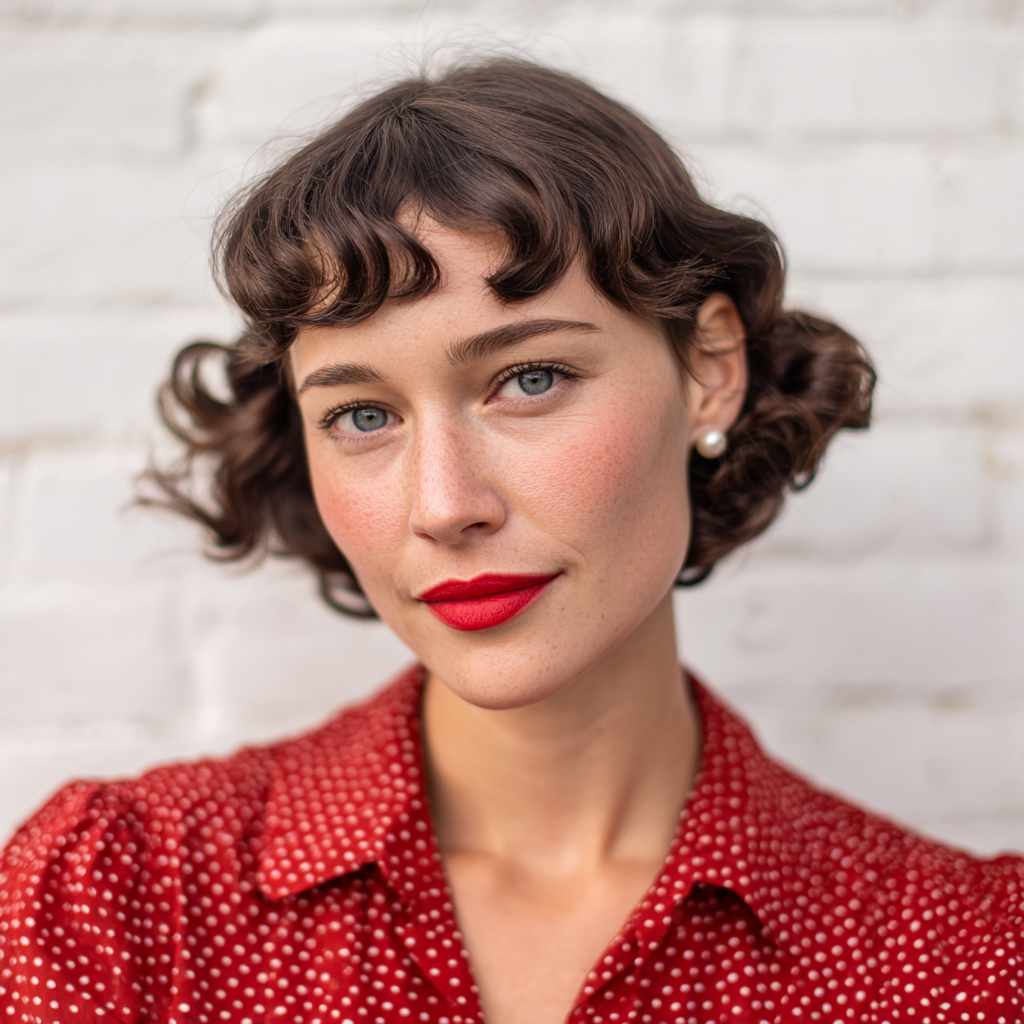 Charming Retro-Inspired Curly Bob with Wispy Bangs