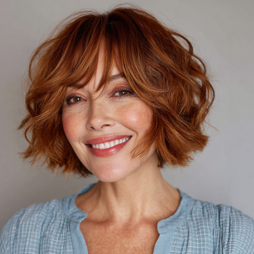 Chic Copper Curly Bob with Face-Framing Layers
