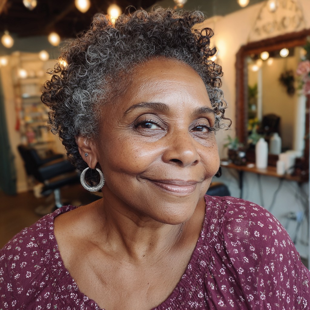Chic Curly Salt and Pepper Pixie with Defined Curls