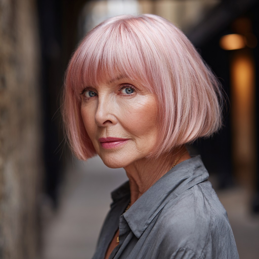 Chic Pastel Pink Blunt Bob with Soft Bangs
