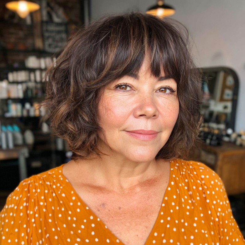 Chic Textured Dark Brown Shag with Soft Bangs