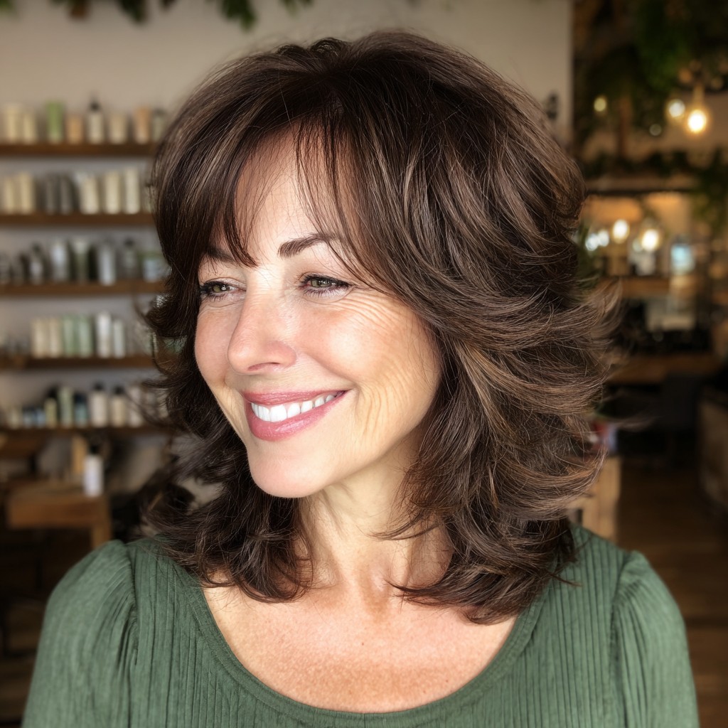 Chic Textured Layers with Face-Framing Bangs