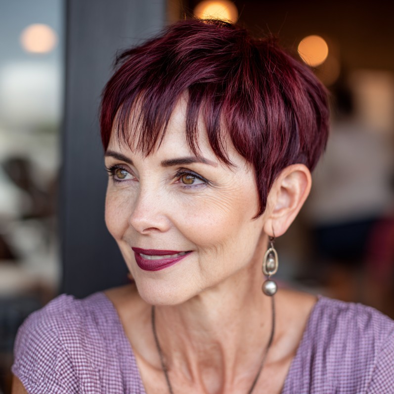 chic textured short pixie with burgundy highlights