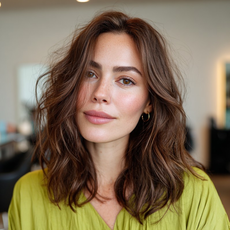 Effortlessly Tousled Dark Brown Shoulder-Length Waves