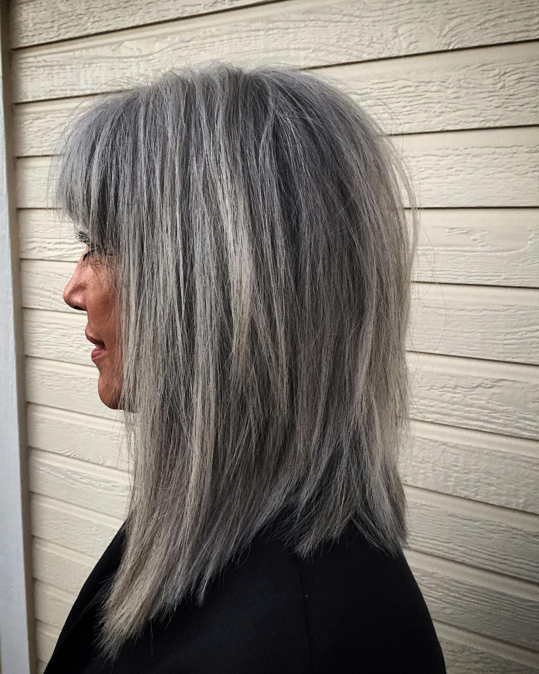 Layered Silver Shag with Feathered Bangs
