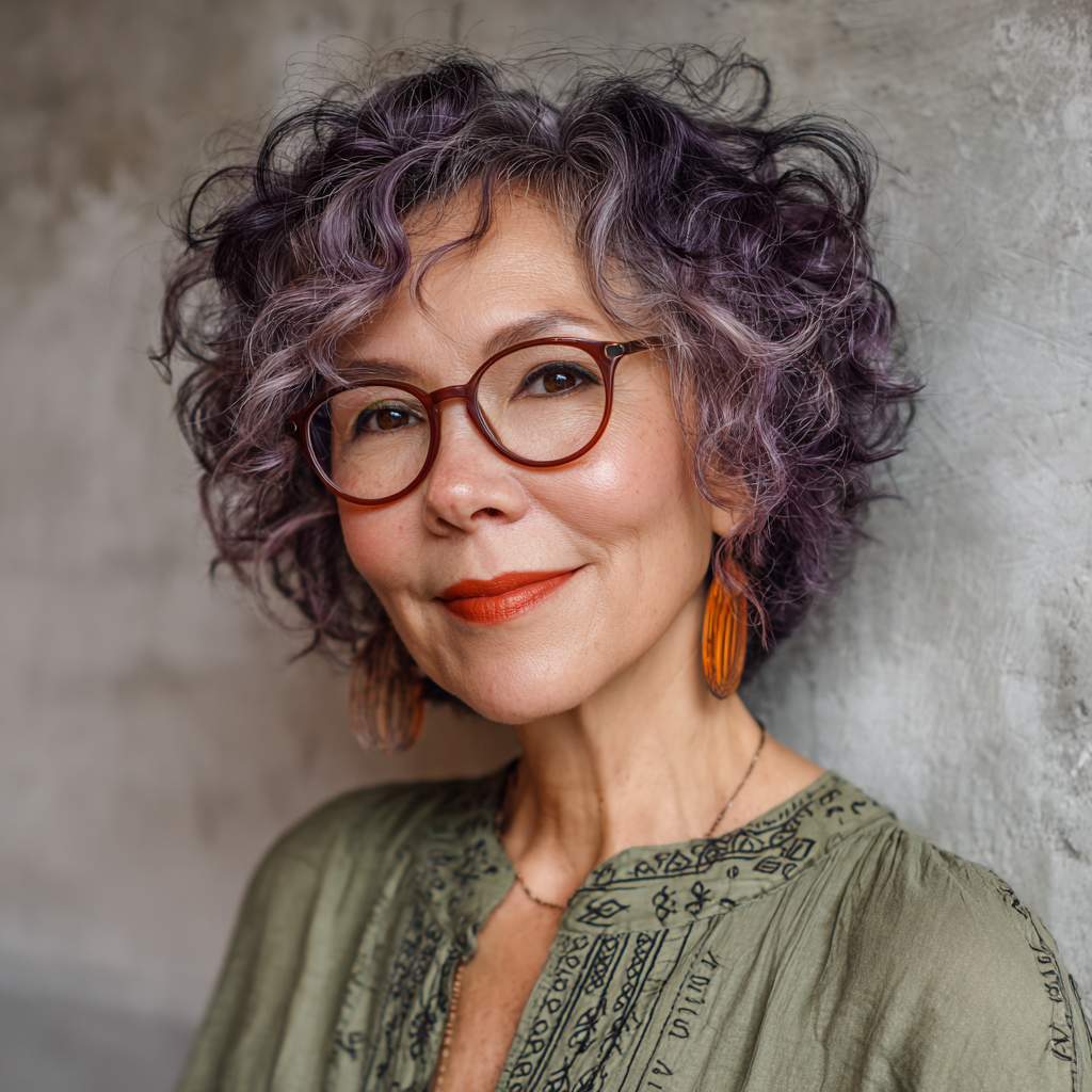 Playful Curly Bob with Lavender Highlights
