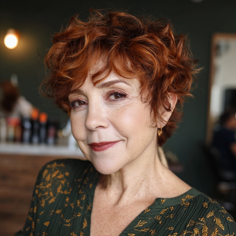 Playful Curly Copper Pixie Cut