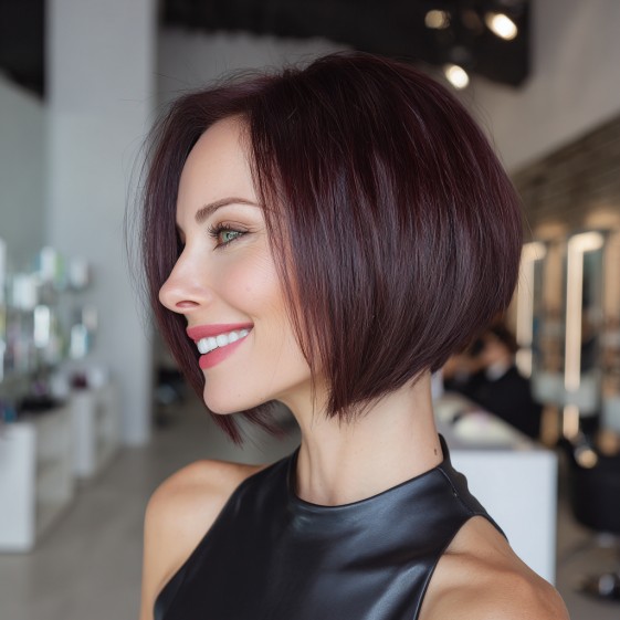 Rich Burgundy Angular Bob with Textured Ends