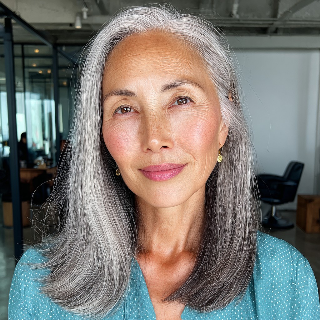 Sleek Long Salt and Pepper Hair with Subtle Shine