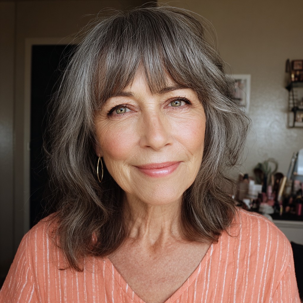 Soft Layered Salt and Pepper Hair with Gentle Bangs