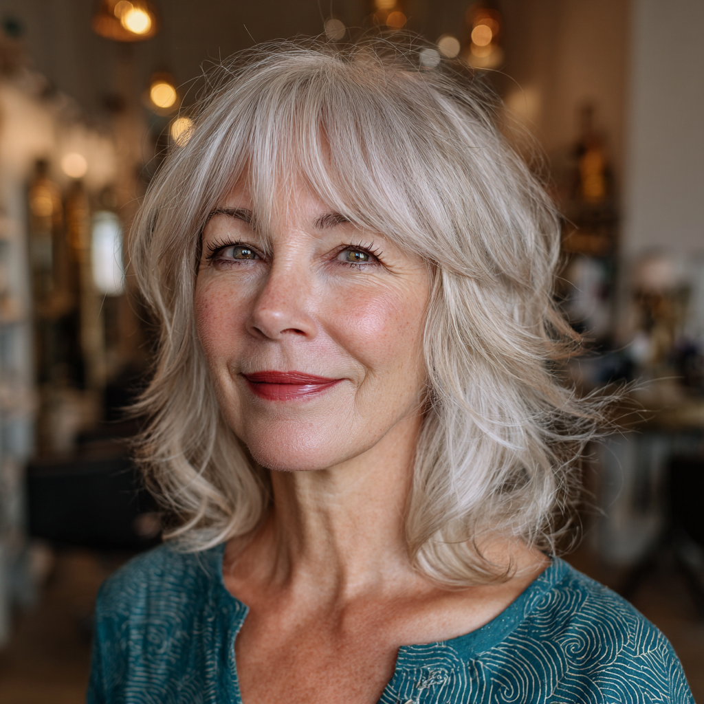 Softly Layered Ash Blonde Cut with Feathered Bangs