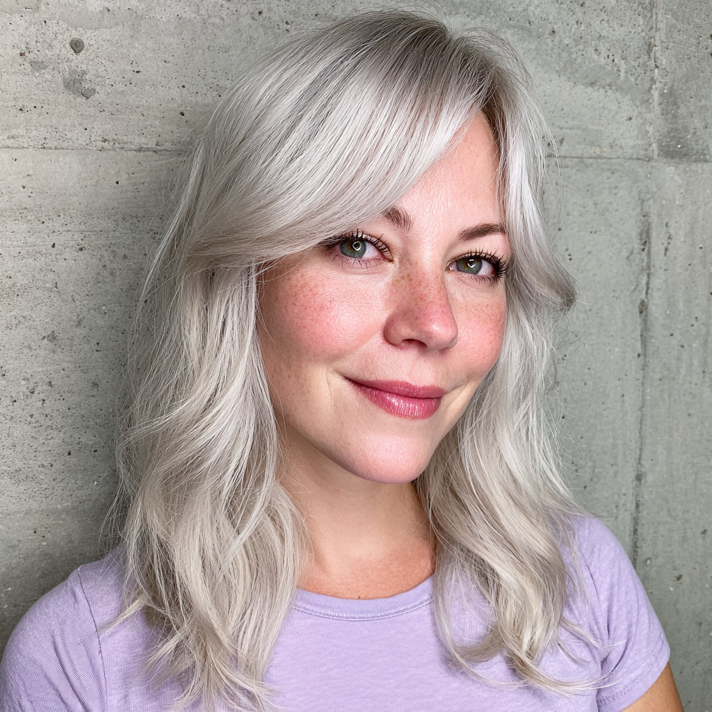 Softly Layered Ash Blonde Waves with Face-Framing Bangs