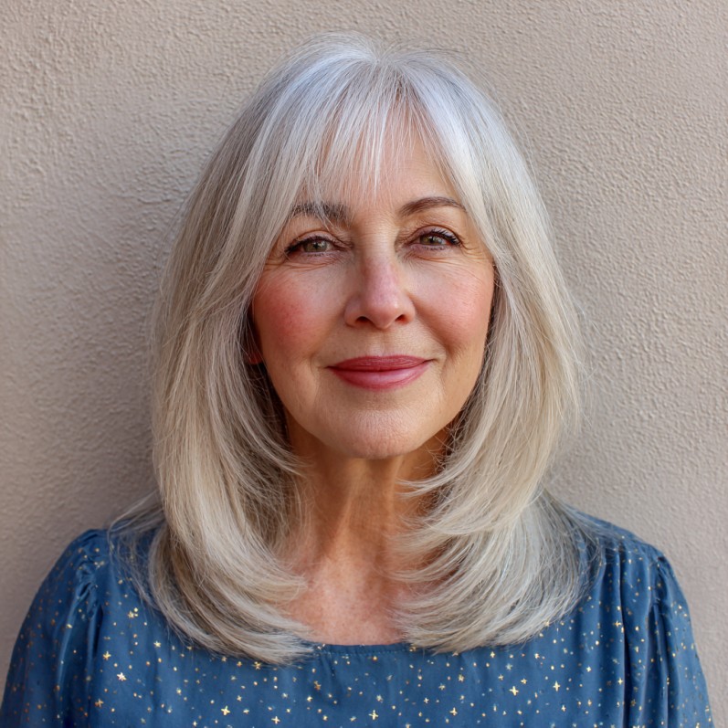 Softly Layered Silver Shag with Delicate Face-Framing Bangs