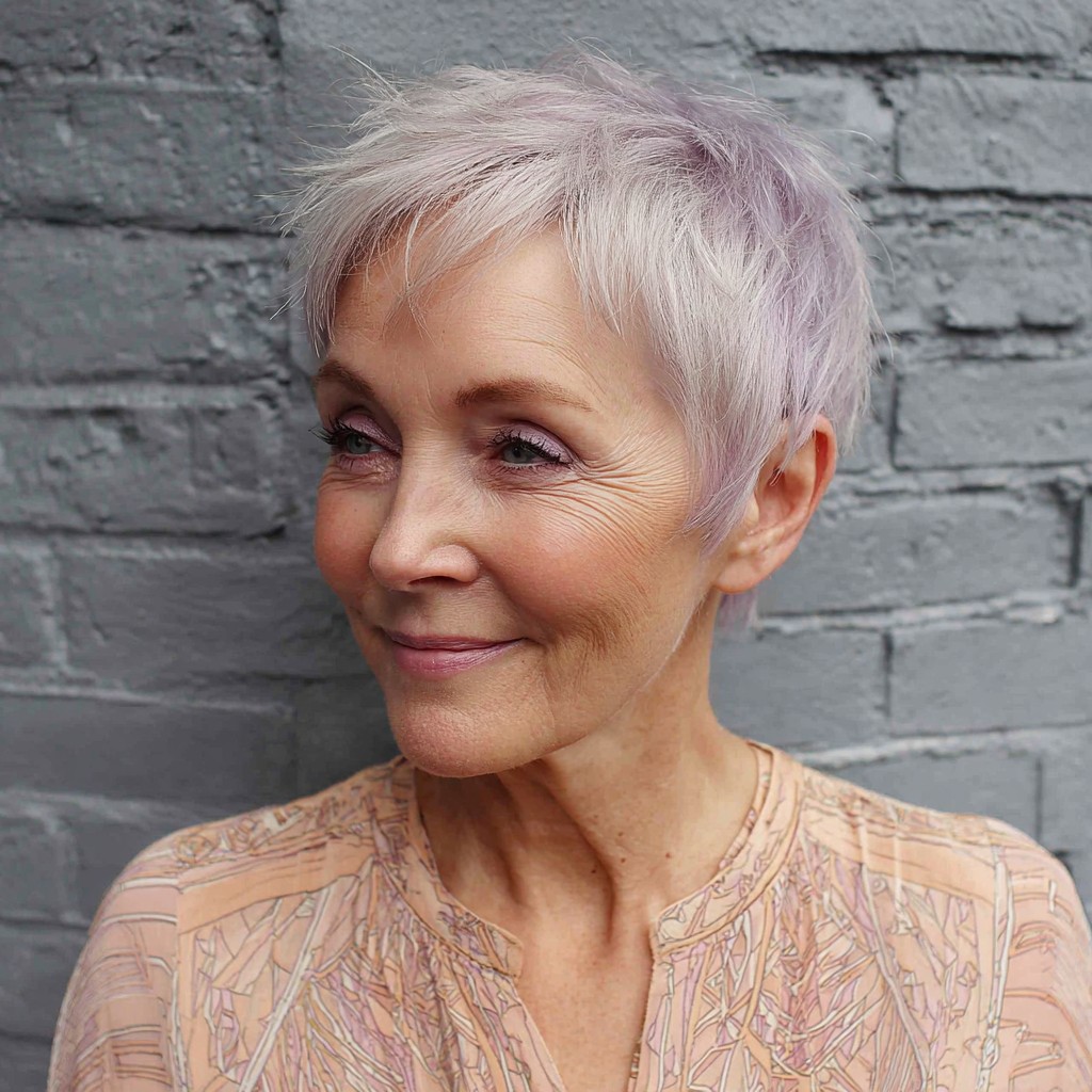 Softly Textured Shattered Pixie Cut with Subtle Lavender Highlights