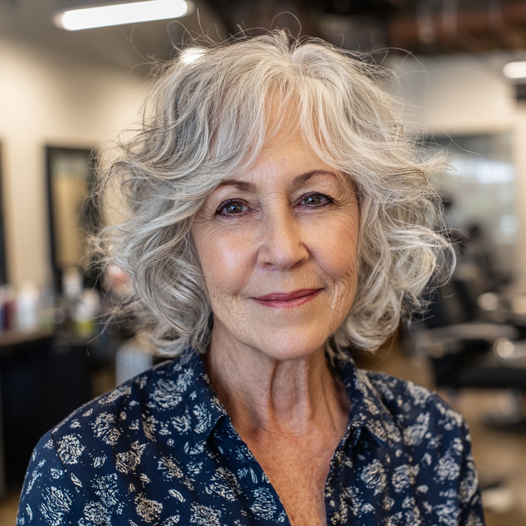 Softly Textured Silver Curls with Natural Volume