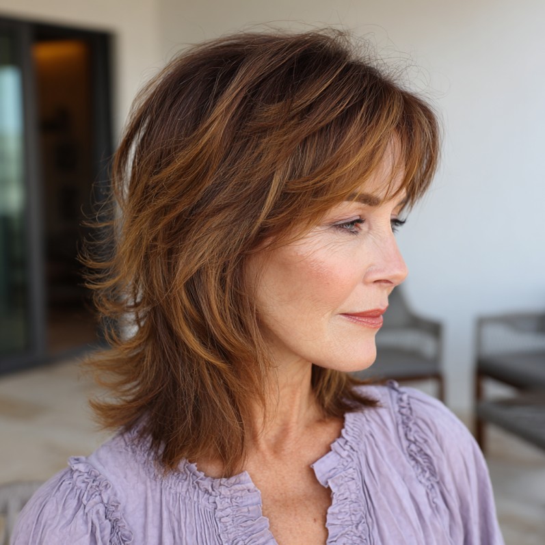 Textured Auburn Shag with Long Bangs