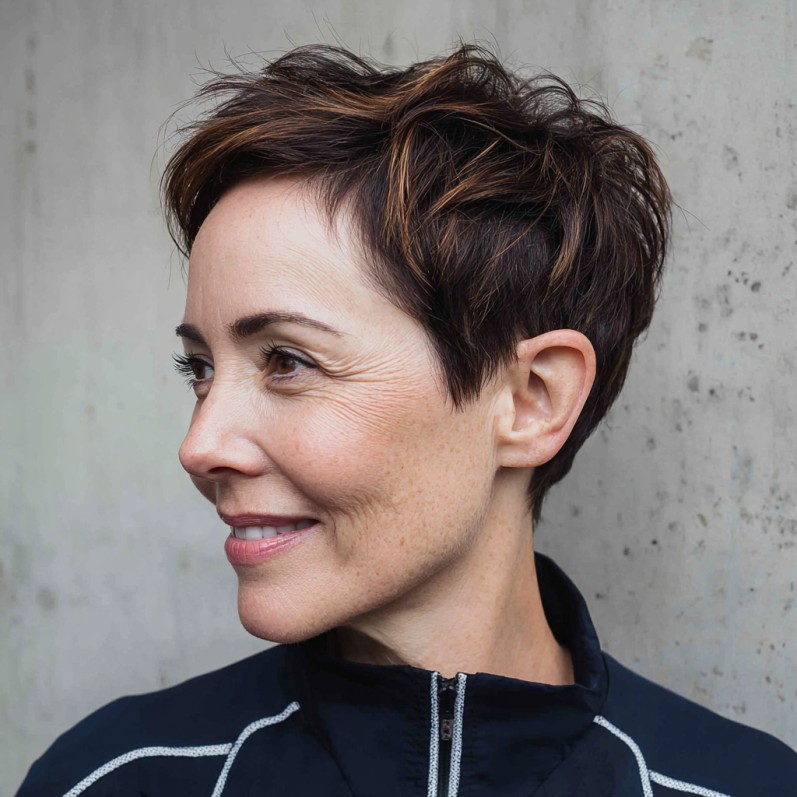 Textured Dark Brown Pixie Cut with Subtle Highlights