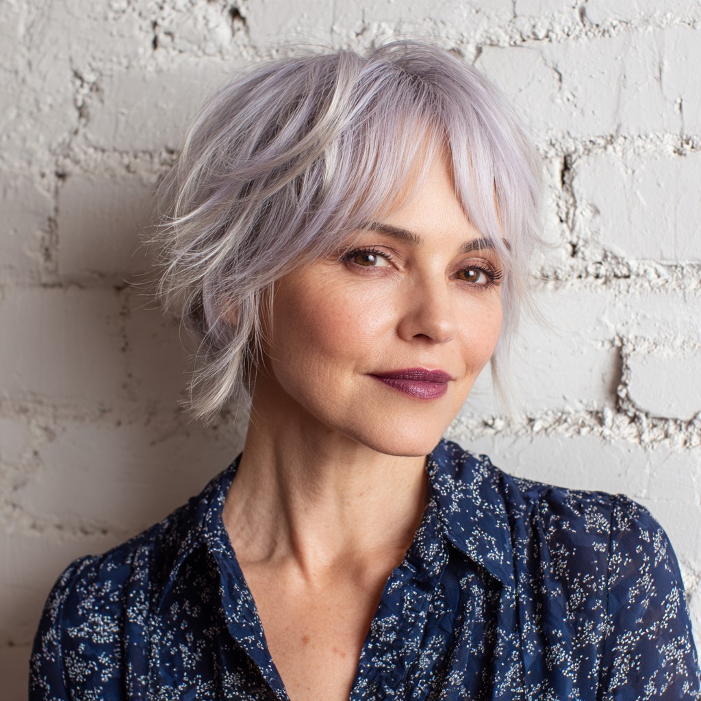 Textured Silvery Bob with Soft Layered Bangs