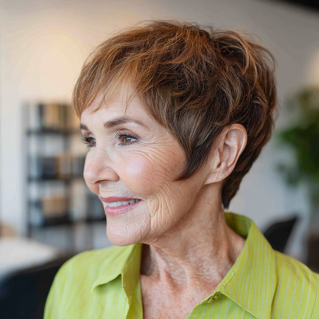 Textured Warm Brown Pixie Cut with Soft Layers