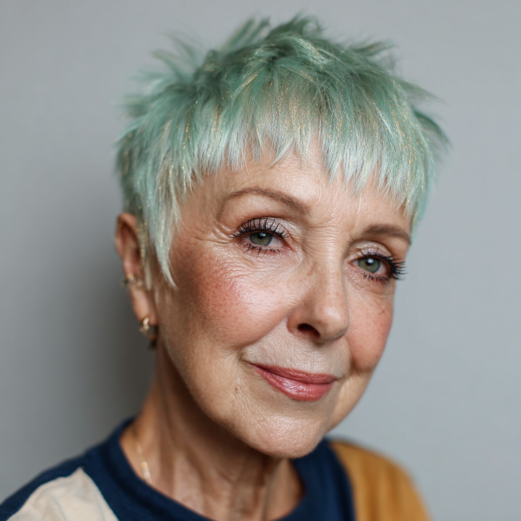 Vibrant Textured Mint Pixie Cut with Soft Fringe