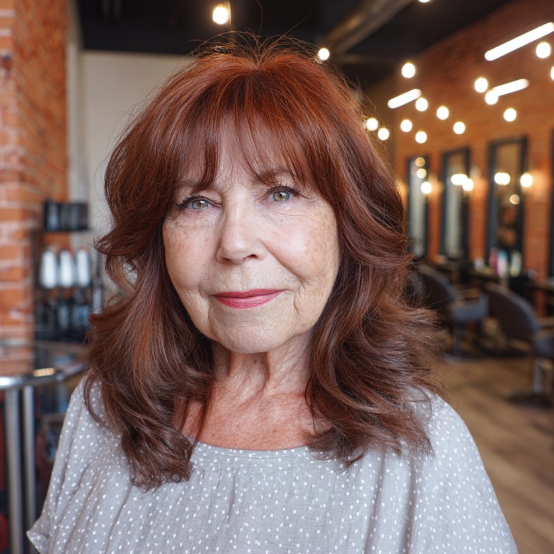 Warm Auburn Shag with Soft Layers and Bangs