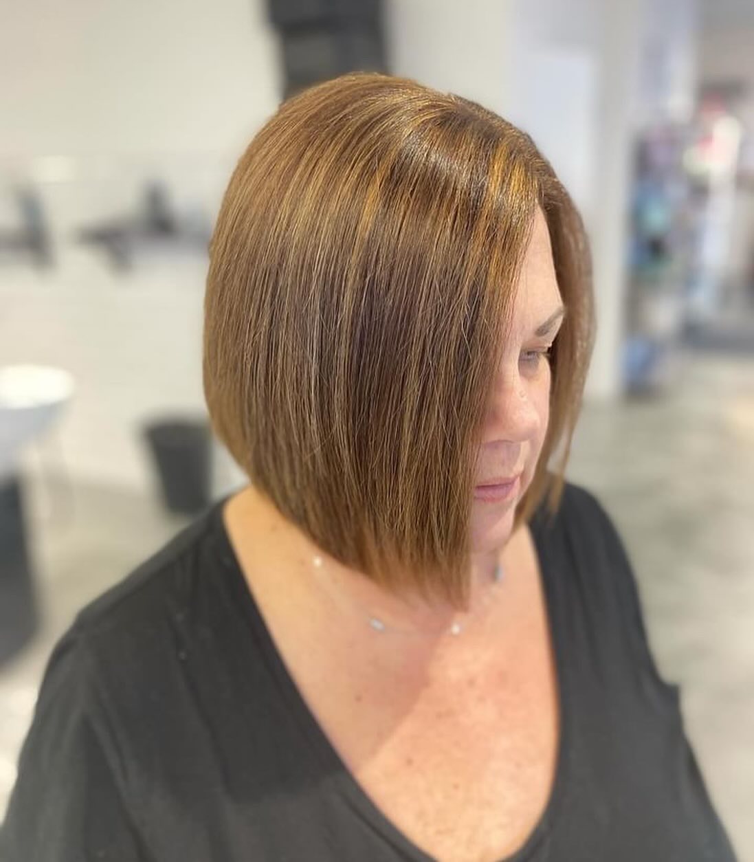 Warm Chestnut Angular Bob with Sleek Finish