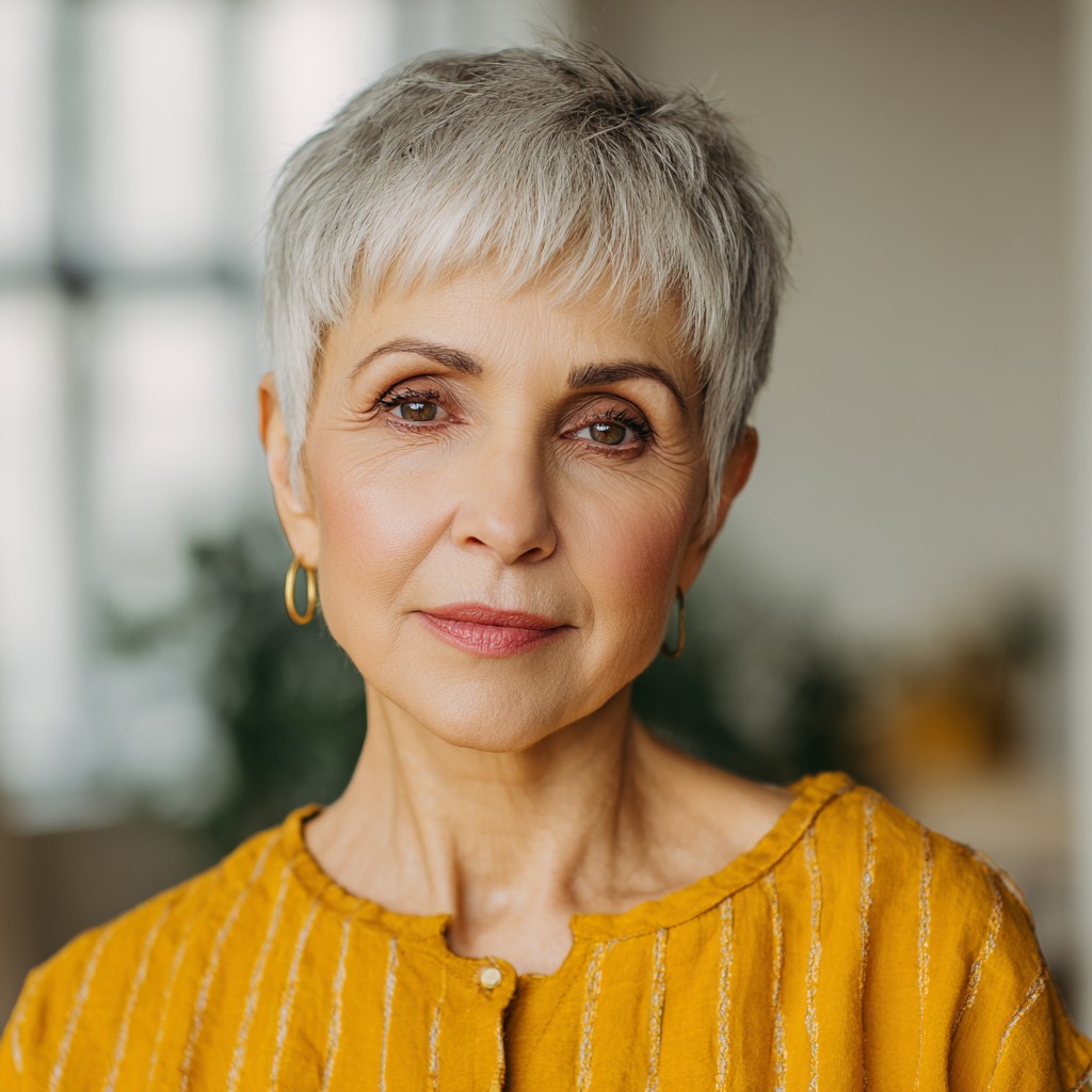 Textured Silver Pixie Cut with Soft Bangs