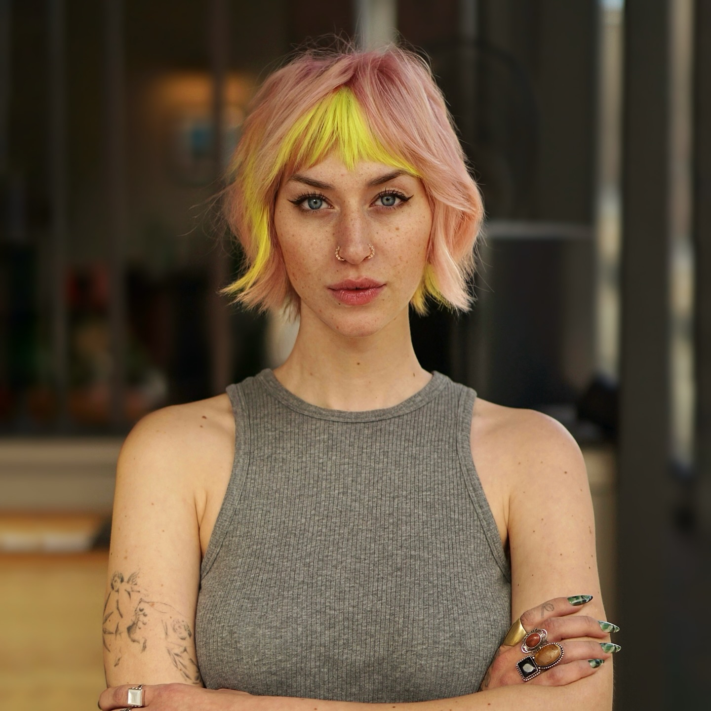 Bold Pastel Bixie Cut with Neon Highlights