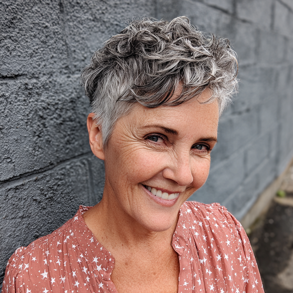Chic Curly Gray Pixie with Textured Layers