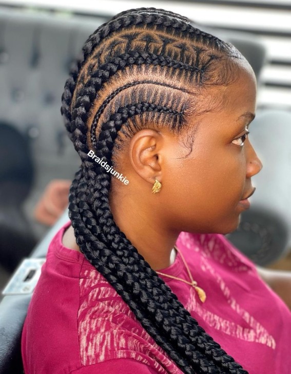 Chic Ghana Braids with Intricate Side Patterns