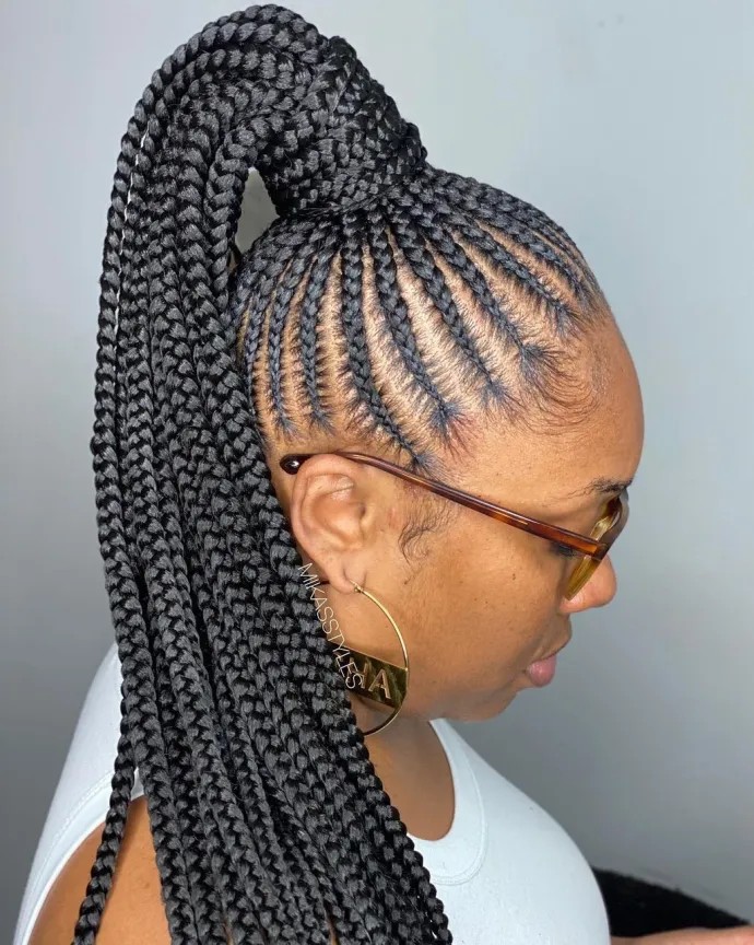 Chic High Ponytail Ghana Braids with Defined Parting