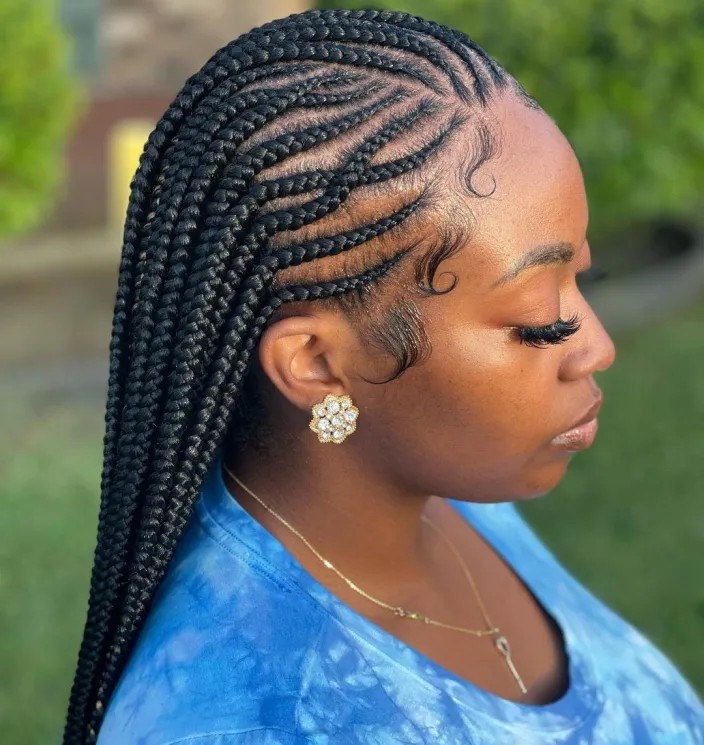 Chic Long Ghana Braids with Intricate Parting