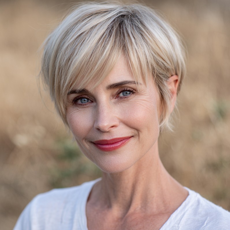 Chic Short Blonde Textured Cut with Soft Bangs