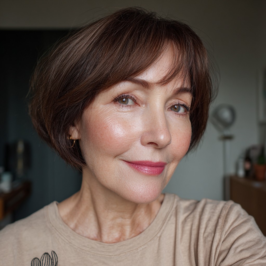 Chic Short Brown Bob with Soft Fringed Bangs